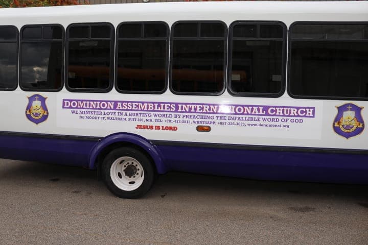 The purple-and-white HESM ministry bus